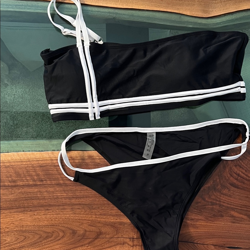 Women's Black Bikini with White Trim - Two-Piece Swim Set